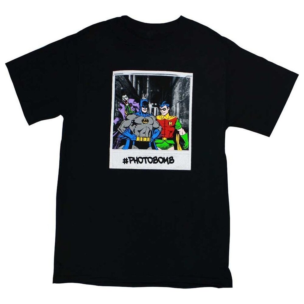 New! Batman & Robin Polaroid Joker Photobomb T-Shirt DC Comics